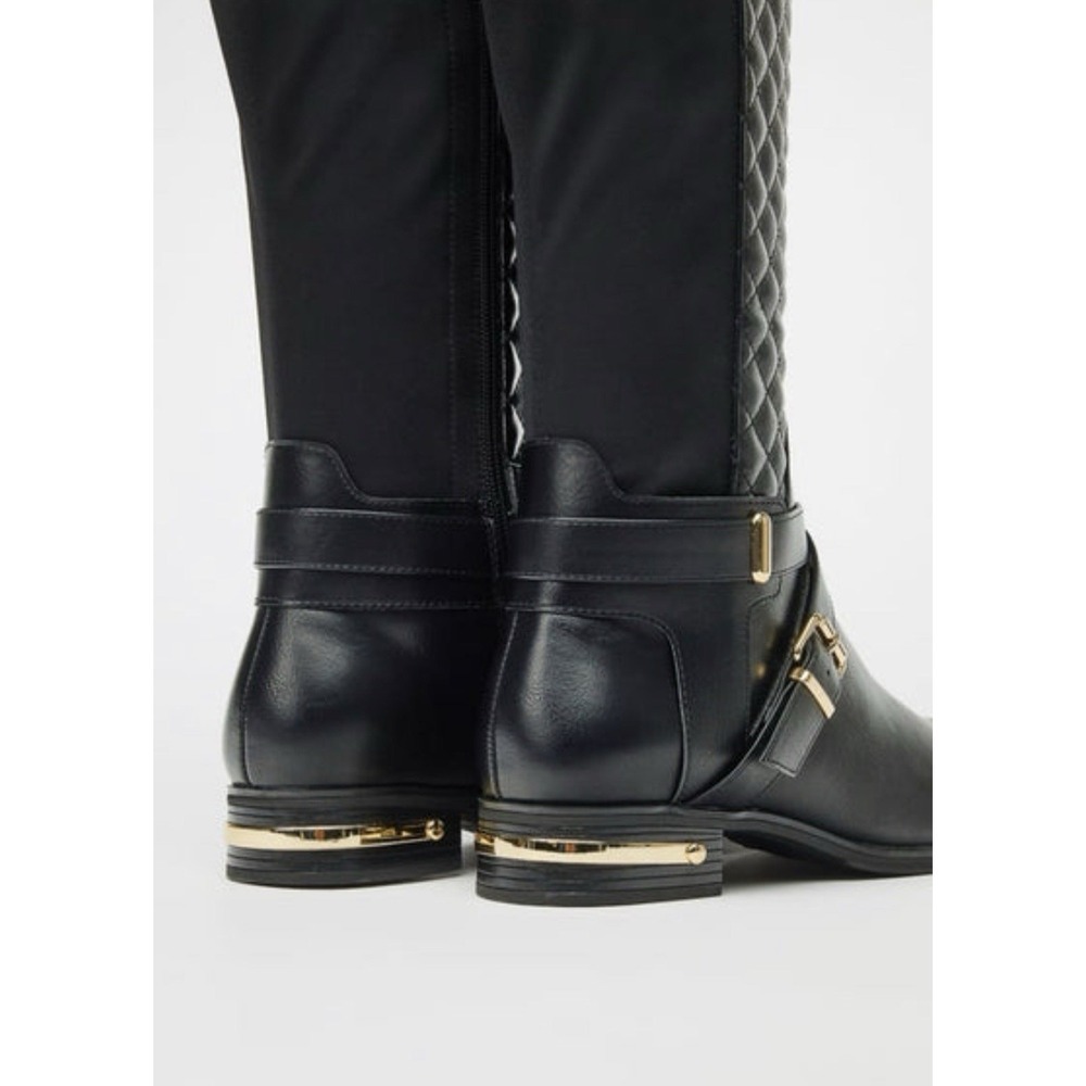 Annabeth by JUSTFAB (SHOEDAZZLE) Black quilted faux leather riding boots, SZ 7 - Picture 3 of 16